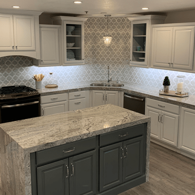 Stockdale Tile kitchen renovation with waterfall edge countertops
